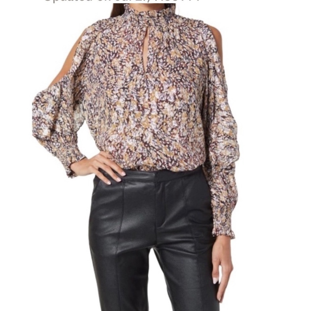 Maje Cold Shoulder Animal Lurex Print Metallic Blouse Top in Black Camel Large